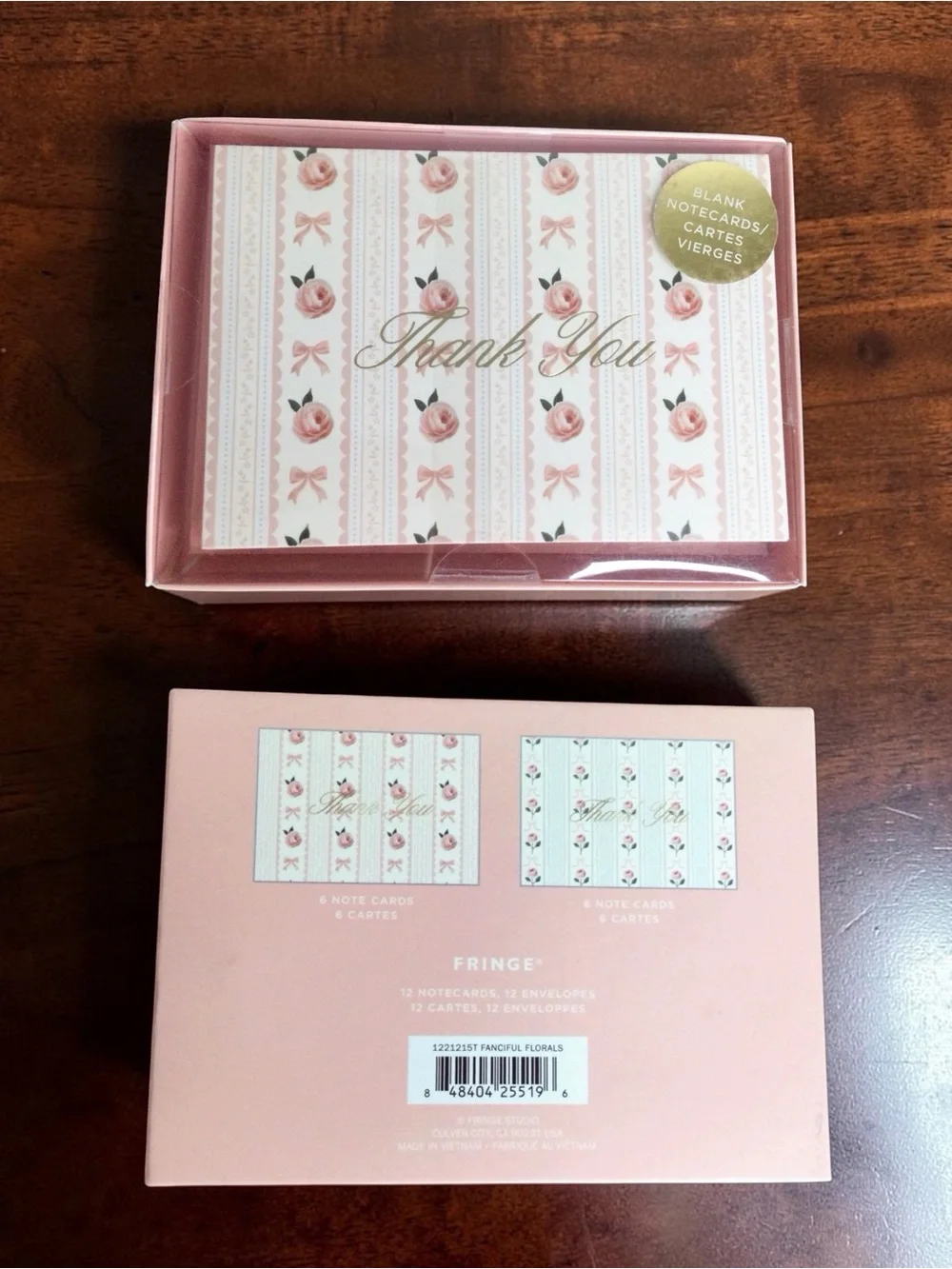 Fringe Set of 12 Rose Design Thank You Cards w/ Envelopes – 6 Pink, 6 Blue – NIB